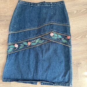 Vintage Cottage Core Denim Skirt with Floral Embellishments